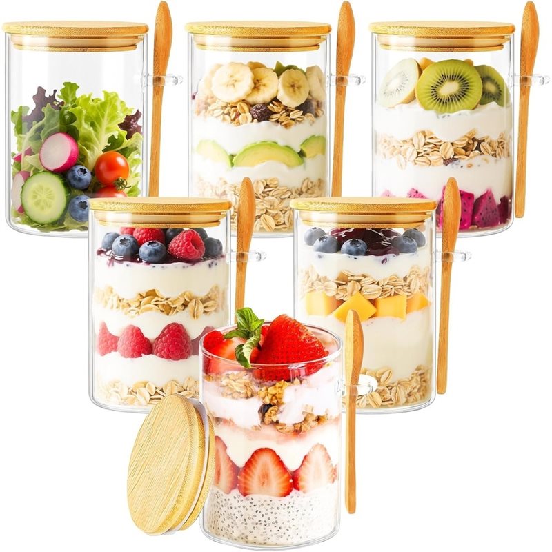 Overnight Oat Jar - AB46-1Set/6Stück Feuchtigkeitsbeständiger Overnight-Oats-Behälter mit Löffel, Wiederverwendbarer