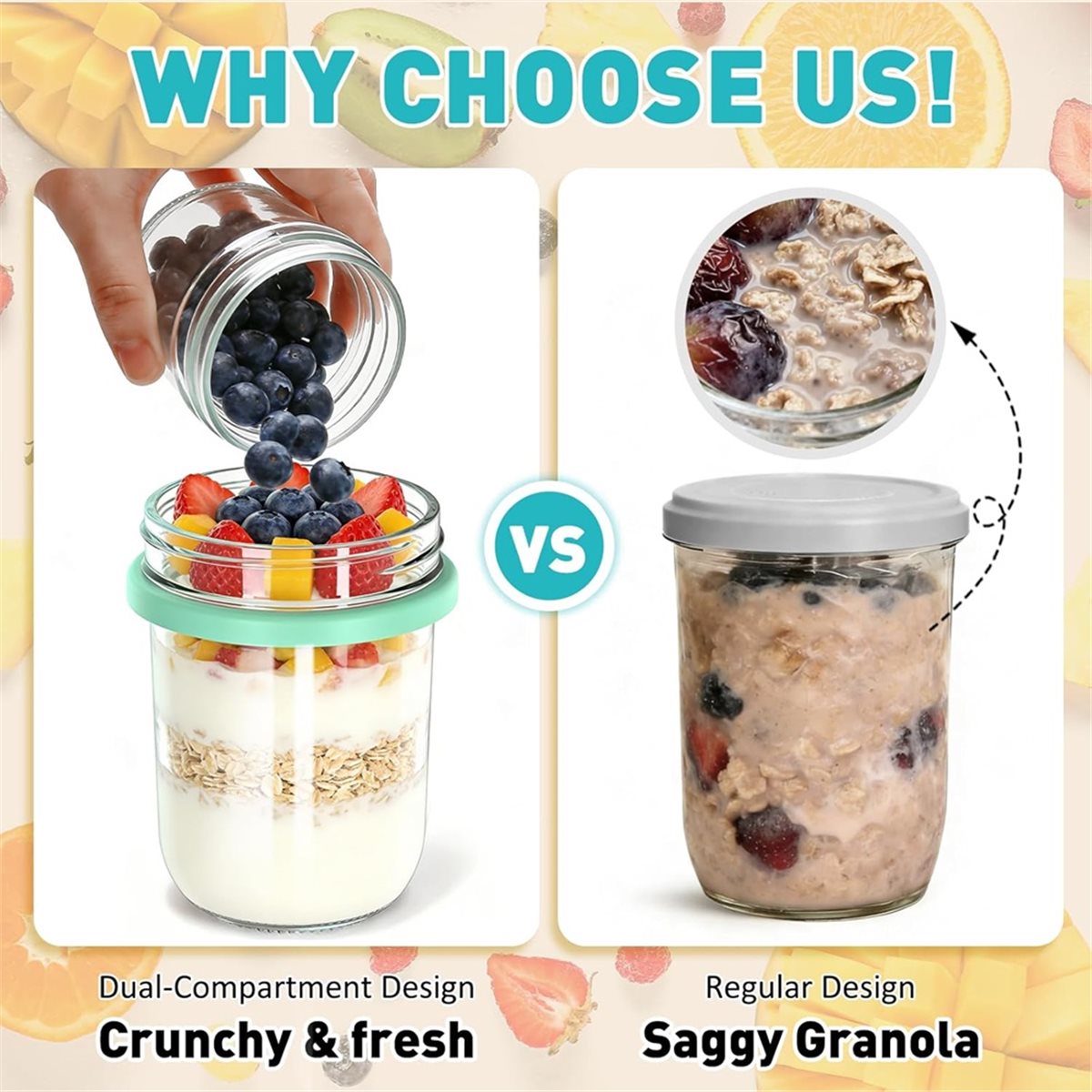 Overnight Oat Jar - Leichtgewichtige 4er-Pack Overnight-Oats-Behälter mit Deckeln und
